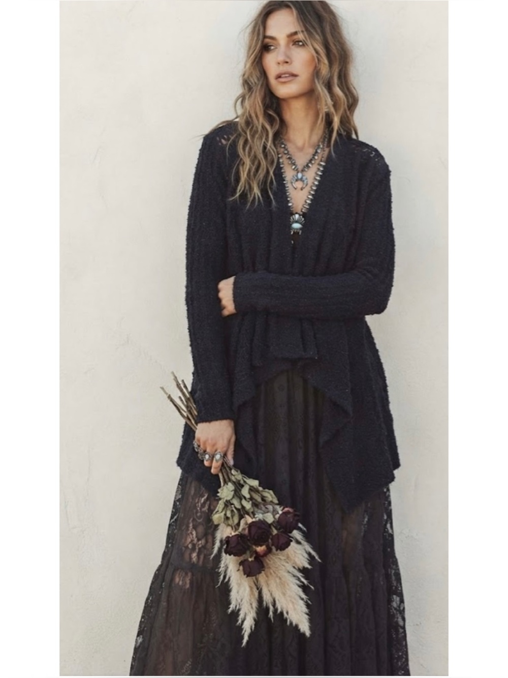 Artesia Fuzzy Knit & Lace Open Waterfall Cardigan Sweater Whimsigoth